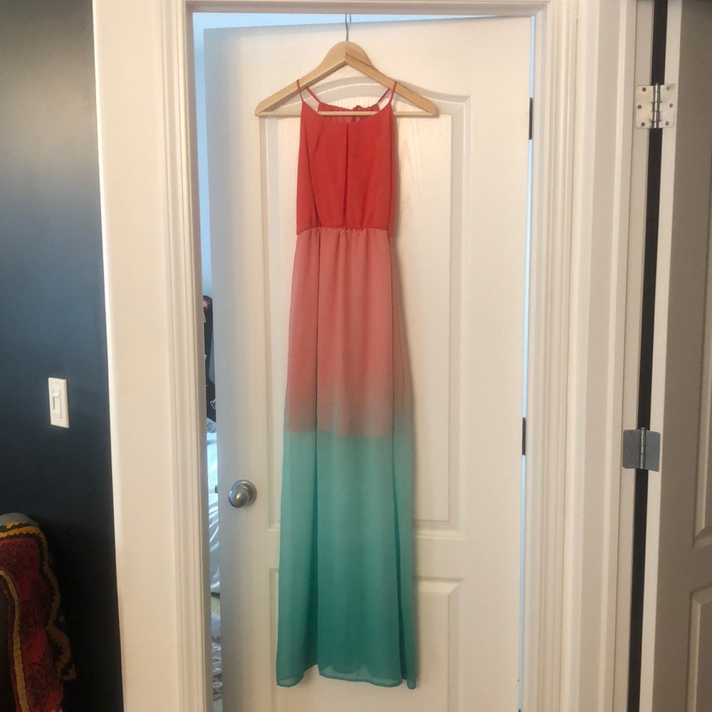 Pink to green ombré dress with lining. Medium.